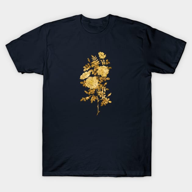 Vintage Gilded White Burnet Roses Botanical Gold Leaf T-Shirt by Holy Rock Design